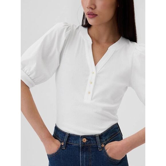 NWT $55 Express Ribbed V-Neck Poplin Puff Sleeve Henley Tee - Picture 2 of 6